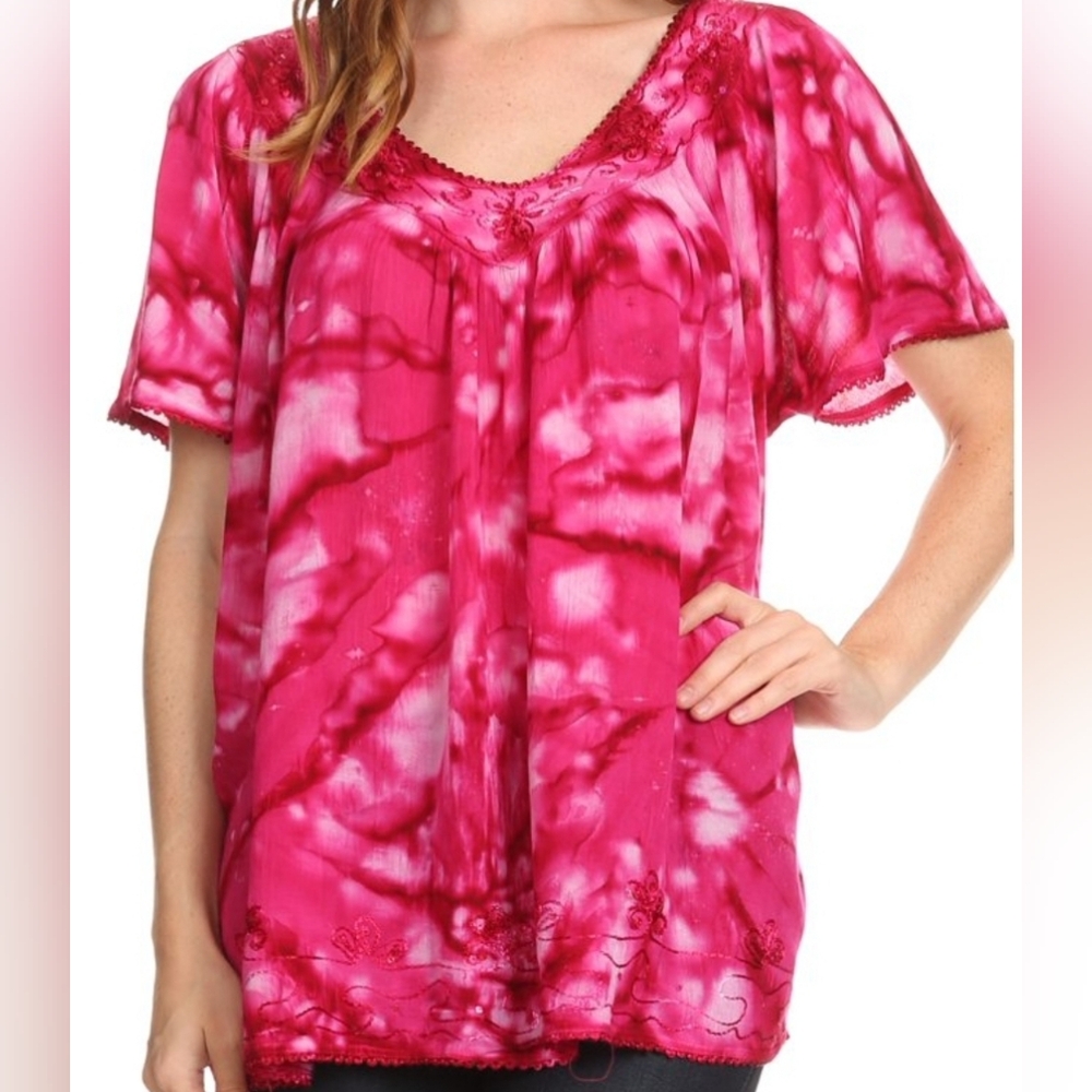 Sakkas Laylah Long Wide Short Sleeve Embroidery Lace Sequin Blouse Shirt pink